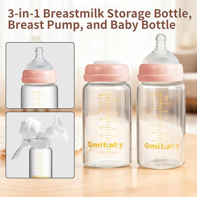 Breast Milk Storage Bottles 240ml 8oz BPA-Free Leak-Proof Natural Baby Bottle for Breastmilk Storage Wide Neck Bottles with Screw Ring Sealing Disk Breastfeeding (Grey+Pink, 240ml-6Packs)