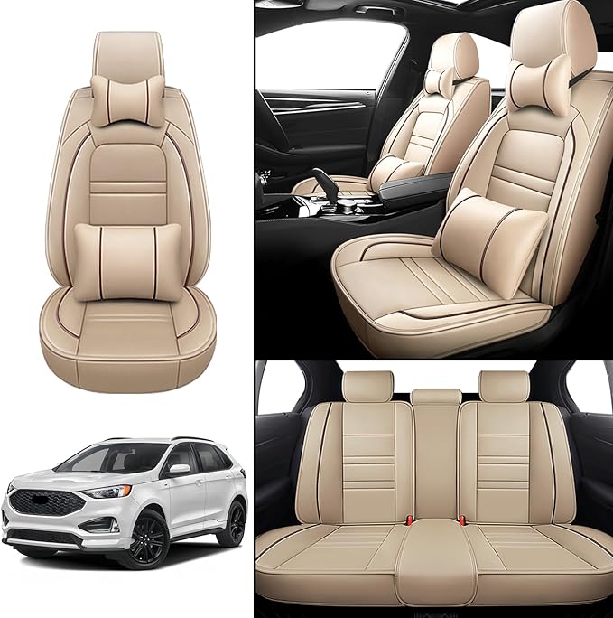 Car Seat Covers for Ford Edge 2007-2024 | 5-Seats Seat Covers, Waterproof Seat Protectors, Automotive Seat Covers (Full Set with Pillow,Beige)