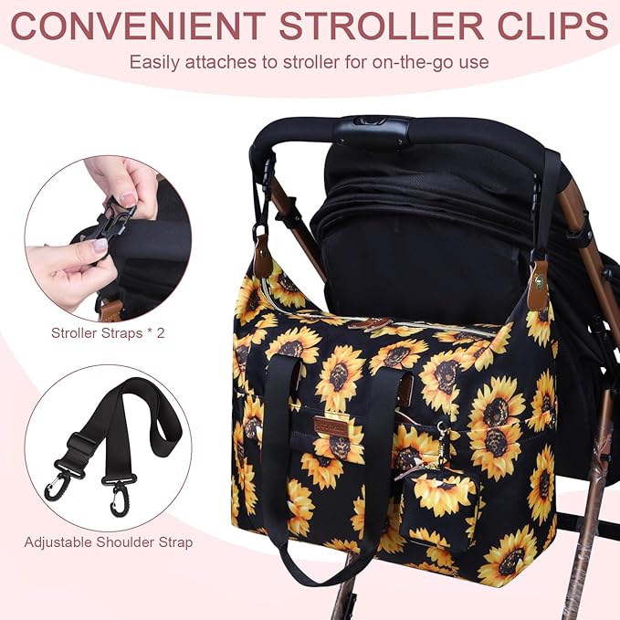 Pritent Diaper Bag Tote - Diaper Baby Bags with Pacifier Case, Shoulder Straps, Stroller Clips, Waterproof Large Mommy Bag Maternity Bag Travel Baby Bag for Mom and Dad, Sunflower
