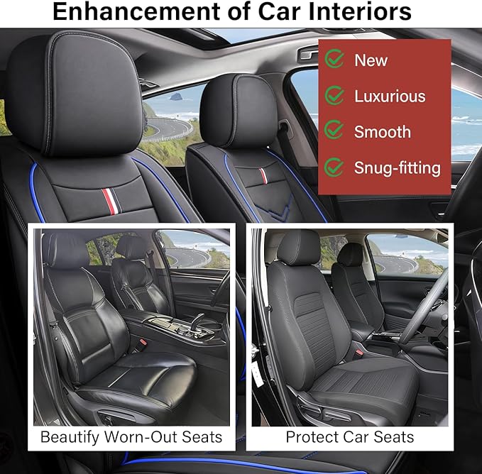 Leather Car Seat Covers Fit for LR Defender 2020-2025, 5 Seater Waterproof and Wear-Resistant Seat Cover Interior Accessories(Full Set,Black&Blue)