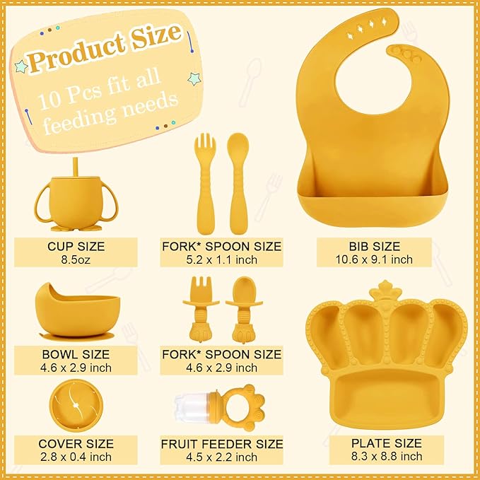 Silicone Baby Feeding Set 10 Pcs Baby Led Weaning Supplies Suction Bowl Divided Plate Baby Bibs Fruit feeder Pacifier Baby Spoons Forks Sippy Cup Utensil Sets Baby Essentials for Newborn Gift Yellow
