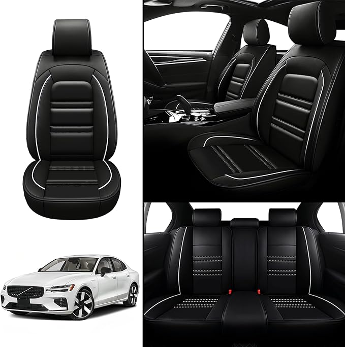 Seat Covers for Volvo Car s60 2001-2025 | 5-Seats Leather Seat Covers, Easy to Install Automotive Seat Covers Full Set (Full Set, Black&White Line)