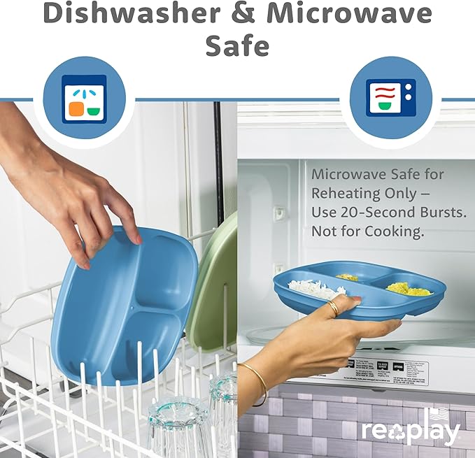 Re-Play Toddler Plates with Dividers - Deep-Walled 3 Compartments Divided Plates for Kids - Dishwasher & Microwave Safe - Made in USA - Set of 4-7.37" x 7.37" x 1.25" - Denim
