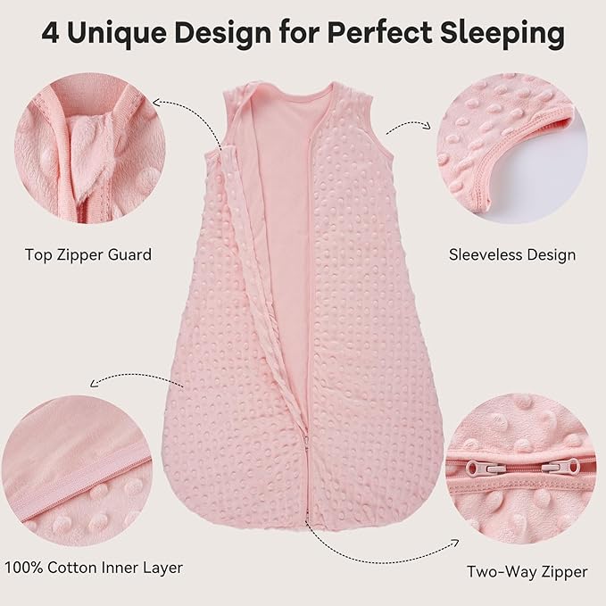 Fleece Baby Sleep Sack 6-12 Months with Plush Dots 1.5 Tog Baby Wearable Blanket with 2-Way Zipper Warm Sleeping Sack for Toddler Infant Newborn - Medium, Pink