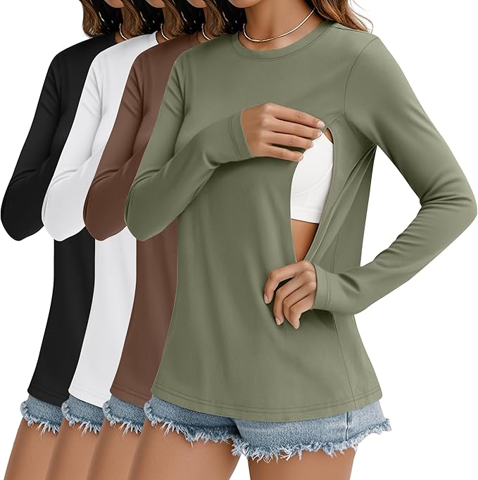 4 Pack Women's Nursing Breastfeeding Tops, Long Sleeve Maternity Shirts Loose Fit Hidden Zipper Pregnancy Clothes