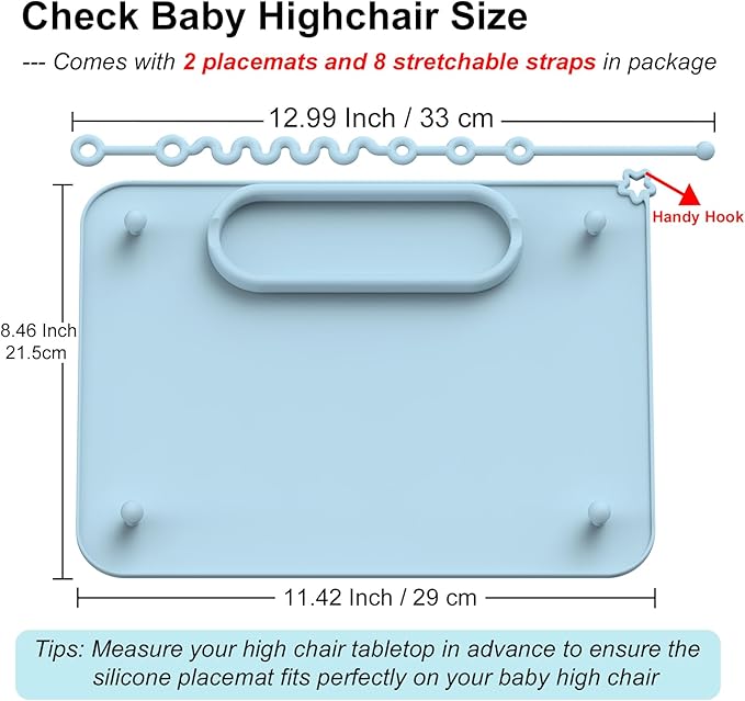 2 Pack Baby Silicone Mat, with Suction Base and 8 Stretchable Straps, Seposeve Baby Placemats, Activity Mat for Infants to Toddlers, Keeps Babies Essentials Off The Floor, Green Blue