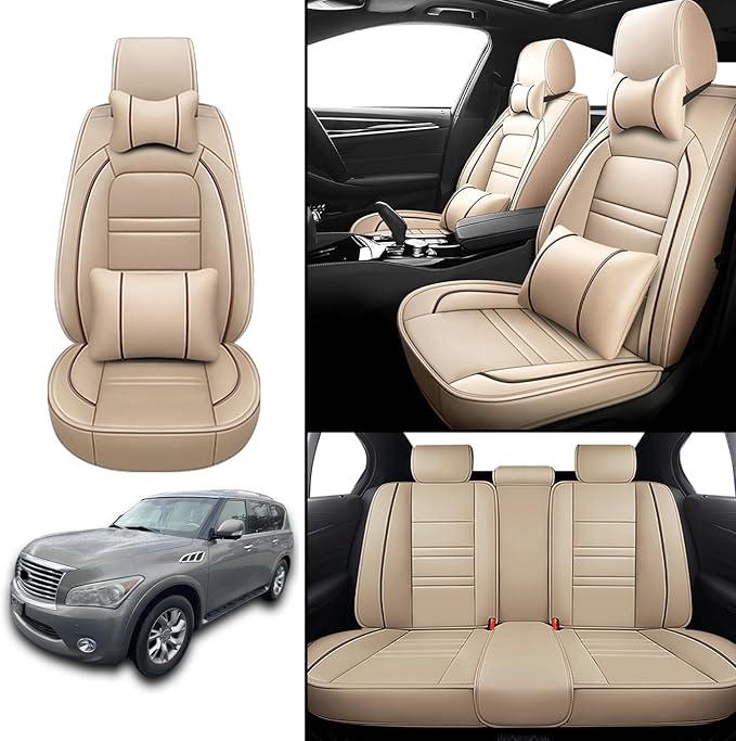 Car Seat Covers for Infiniti qx56 2004-2013 | 5-Seats Seat Covers, Waterproof Seat Protectors, Automotive Seat Covers (Full Set with Pillow,Beige)