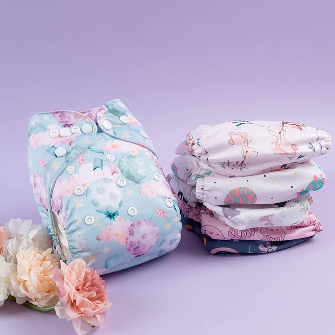 babygoal Reusable Cloth Diapers 6 Pack+6pcs Rayon from Bamboo Inserts+Wet Bag, One Size Adjustable Washable Pocket Nappy Covers for Baby Girls and Boys 6FG38