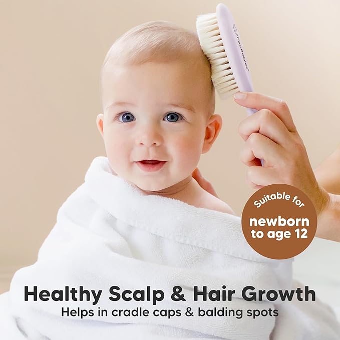 Wooden Baby Hair Brush - Cradle Cap Baby Brush with Soft Goat Bristles, Perfect Gentle Scalp Newborn Comb for Infant, Girls, Boys, Bath Essentials (Thistle, Oval)