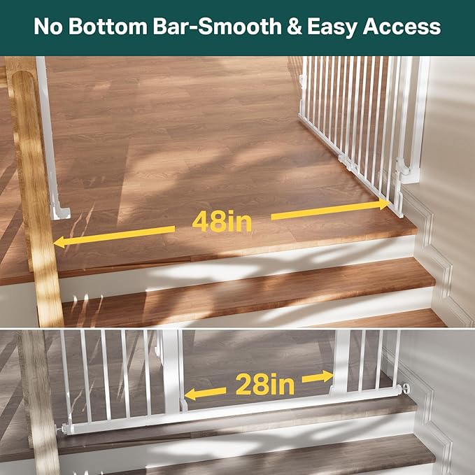 Cumbor Expandable 31.6-48" Baby Gate for Stairs, Wall-Mounted, 2-in-1 No Bottom Bar Dog Gate Indoor, Auto Close Pet Gate for Doorways with Large Walk Thru Door, Child-Proof Gate for Kids (White)