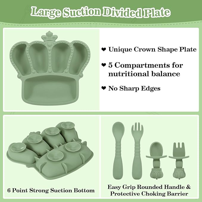 BXLL Olive Green 10 Pcs Baby Led Weaning Supplies - Silicone Baby Feeding Set with Suction Bowl, Divided Plate, Bibs, Fruit Feeder, Pacifier, Spoons, Forks, Sippy Cup & Snack Cup