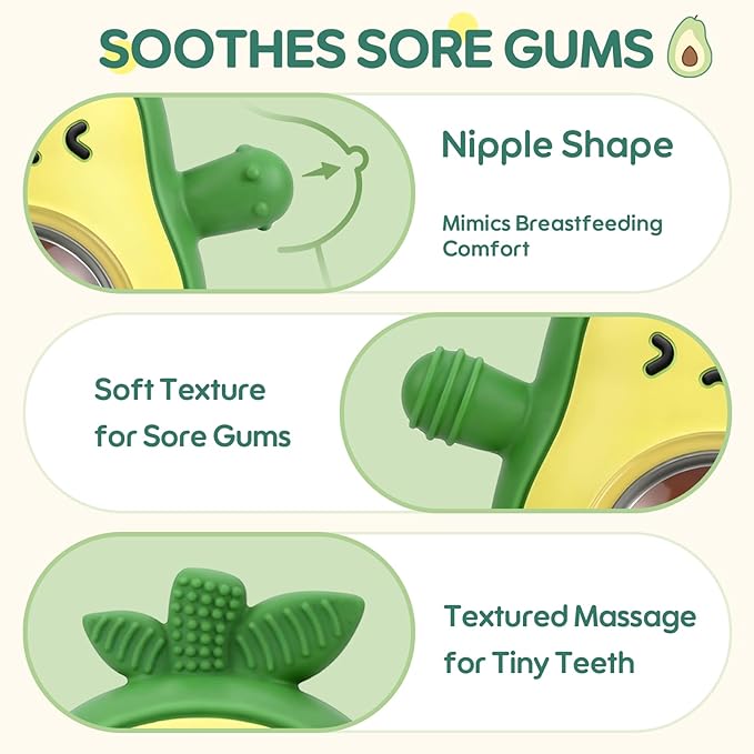 Baby Teething Toys 3-6 6-12 Months, Avocado Baby Teething Mitten with Rattle, BPA Free Silicone Infants Teether Sensory Chew Toys for Newborns, Baby Shower Gifts for Boys Girls