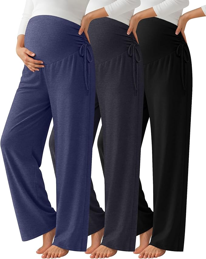 Neer 3 Pack Women's Maternity Pants Over The Belly Loose Pregnancy Pants Stretchy Lounge Wide Leg Trousers with Pockets