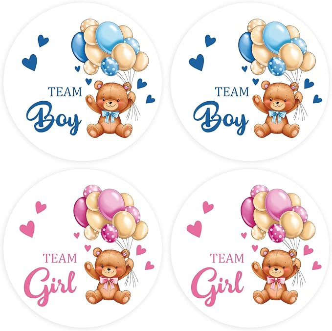 80Pcs Cute Bear Gender Reveal Stickers Roll, 2 Inch Team Boy Team Girl Gender Reveal Labels, Pink and Blue Self-Adhesive Decorative Round Stickers for Baby Shower Party Supplies