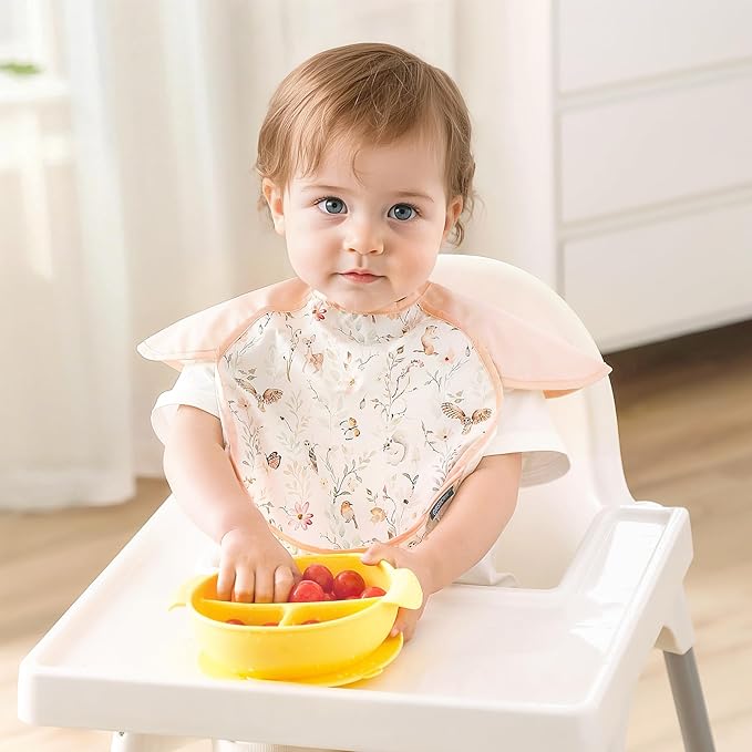 GRSSDER 3-pack Mess Proof Baby Feeding Bibs with Food Catcher Pocket, Soft Lightweight Waterproof Fabric Material with Zero Plastic-like Feel, Adjustable and Easy Clean Toddler Bibs for 6-36 Months