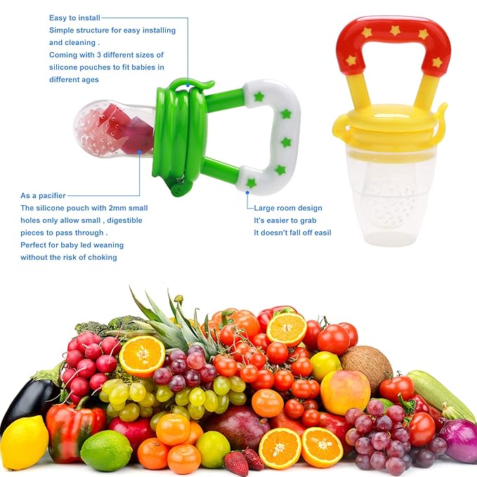 Food Feeder Baby Fruit Feeder Pacifier (3 Pcs) with 6 Different Sized Silicone Pacifiers 2 PCS Silicone Babies Food Dispensing Spoon 90ML with 2 Baby Spoons Bottle Brush Pacifier Clip