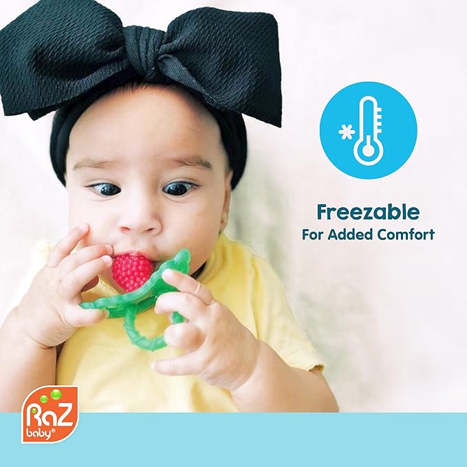 RaZbaby RaZberry Silicone Teether Pacifier – Teething Relief for Infants, Food-Grade, Hands & BPA Free, Natural Berrybumps Fruit Texture for Sensory Development, Freezable, 2-Pack - Dark & Light Blue