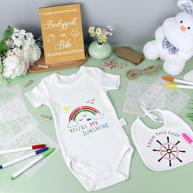 Pydeeirom 151 Pcs Baby Shower Game Decorations Kit with Bibs, Bodysuits, Wooden Sign & Fabric Markers (Classic)