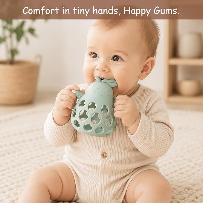 Baby Teething Toy Silicone Teether for Infants, Pear-Shaped Design with Easy-Grip Hole and Nipple-Shaped Ends for Gum Massage & Sensory Development, BPA-Free Safe Baby Chew Toy YIVEKO-Ivory+Sage