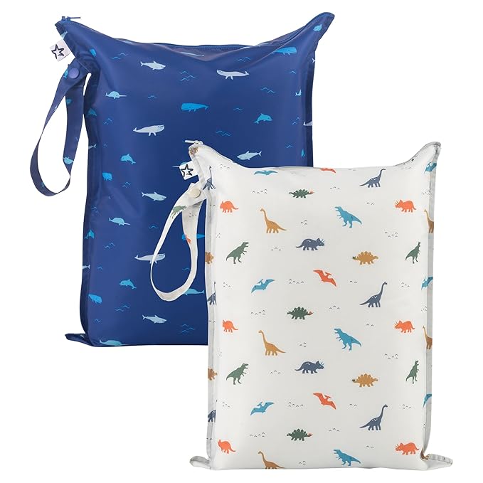 Tiny Twinkle Wet Dry Bag – 2 Pack Reusable Waterproof & Mess Proof Wet Bags for Swimsuits & Travel, Baby Towels & Beach Essentials,a Diaper Bag Must-Have(Dinosaur, Ocean Life)