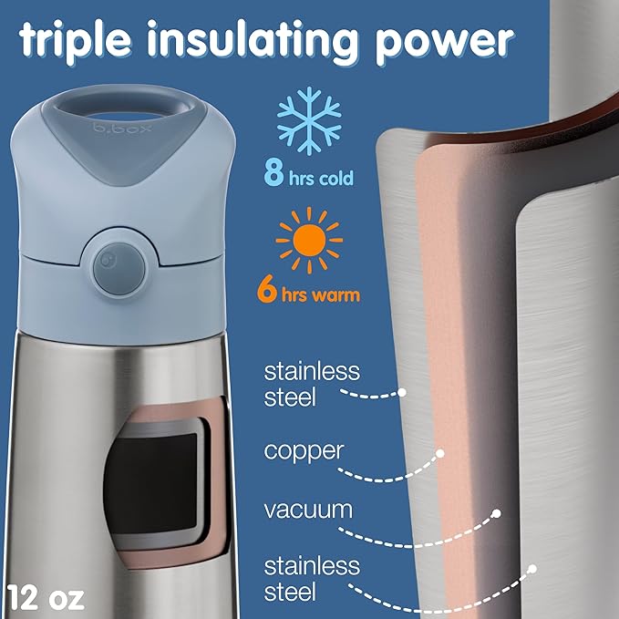 b.box 12 oz Insulated Water Bottle: Keeps Drinks Cold up to 8 Hours, Warm up to 6 Hours. Triple Wall Stainless Steel Kids Water Bottle w/Free Flow Silicone Straw Top. Leakproof & Dishwasher Safe