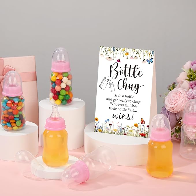 TrelaCo Bottle Chug Baby Shower Game Sign 20 Pcs Baby Bottles Shower Favor Plastic Greenery Flowers Bear Elephant Butterfly Gift Set for Gender Reveal Party (Wildflower, Pink)