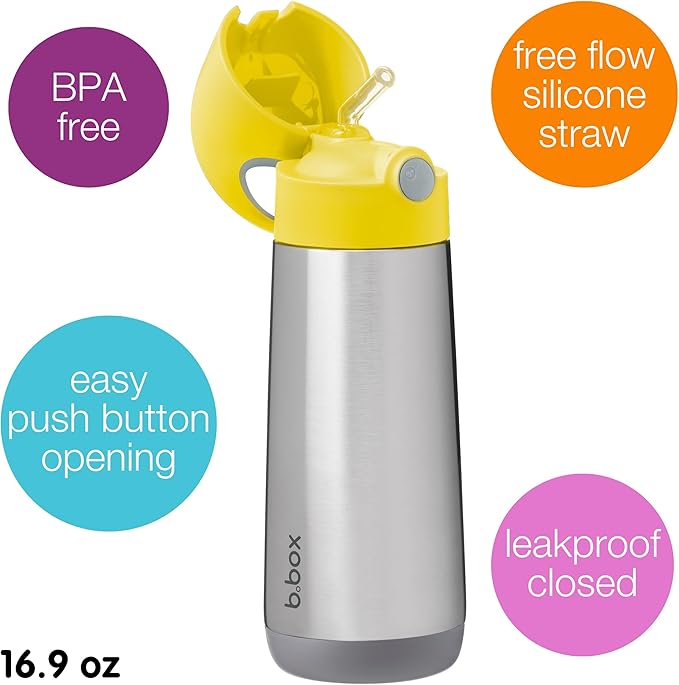 b.box 16.9 oz Insulated Water Bottle - Keeps Drinks Cold 15 Hours, Warm 8 Hours, Triple Wall Stainless Steel Kids Water Bottle w/Free Flow Silicone Straw, Leakproof & Dishwasher Safe