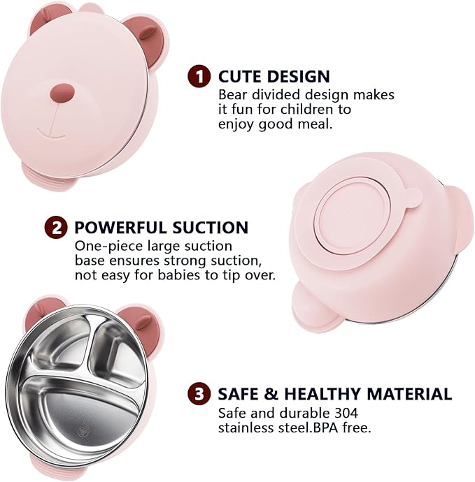 Stainless Steel Baby Feeding Bowl, Toddler Suction Plate with Lid Spoon and Fork, Perfect for Children (Pink)
