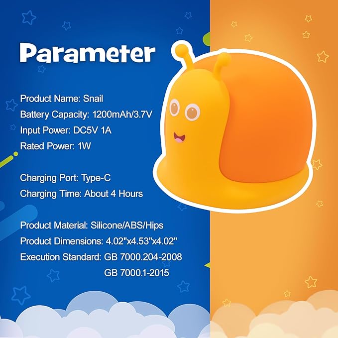 Cute Snail Night Light 2 Brightness Adjustable Fun Orange Slug Light with 30/60 Min Timer Squishy Nursery Breastfeeding Nightlight Rechargeable Silicone Touch Bedside Lamp for Home Bedroom Dorm Decor