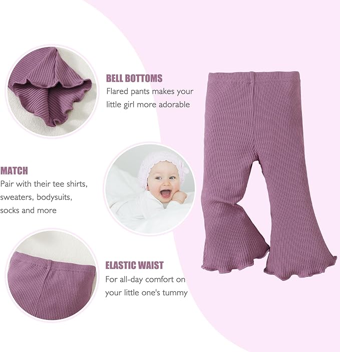 SOBOWO Baby Girl Flare Pants 3 Pack Toddler Solid Ribbed Ruffle Bell Bottoms Pants Trousers Fall Outfits