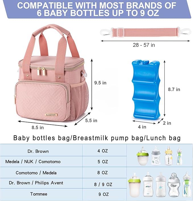 Breastmilk Cooler Bag with Ice Pack Fits 6 Baby Bottles up to 9 Ounce, Breast Milk Pump Cooler Bag for Nursing Mom Daycare, Work, Travel-Pink