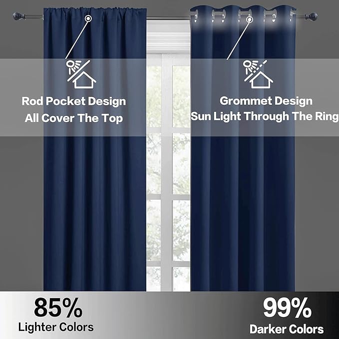 RYB HOME Short Blackout Curtains for Bedroom, Room Darkening Insulated Summer Heat Light UV Blocking Energy Saving Drapes for Nursery, Width 34 by Length 48, Navy Blue, Set of 2