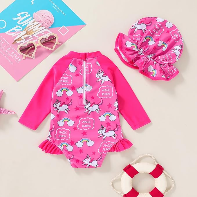 Infant Baby Girl Swimsuit One-Piece Long Sleeve Rash Guard with Hat Set Floral Zipper Bathing Suit Leopard Beach Wear