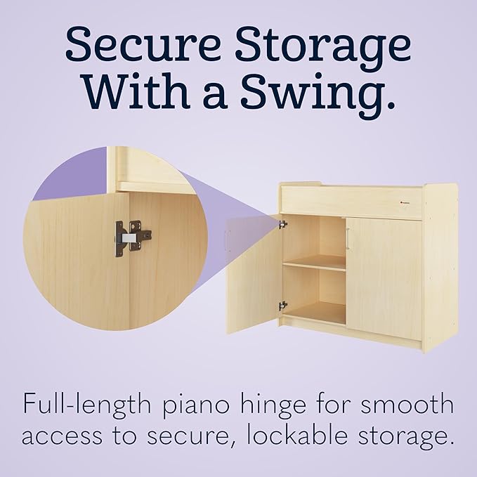 Foundations SafeSwing Daycare Changing Table, Formerly SafetyCraft - Durable Wood Cabinet with 2 Built-in Shelves - Storage w/Soft Close Hinges, Includes Durable Mattress Pad - Natural