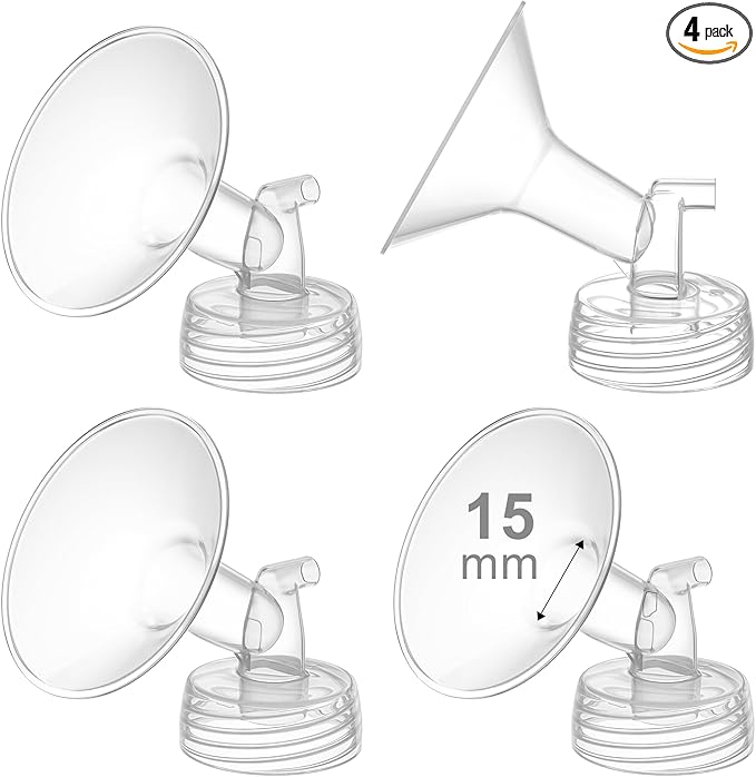 4PCS 15mm Breast Pump Flanges, Compatible with Spectra S1/S2/9Plus/Synergy Gold, Motif Luna, Wide-Mouth Bottle Fit, Breast Pump Accessories