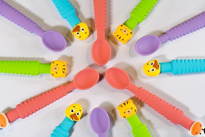 3-in-1 Silicone Baby Spoon Self Feeding 6+ Months - Pediatric OT Designed Teether Spoon, BPA Free Toddler Utensils, Mess-Free, Fun for Baby Led Weaning Supplies, Cow & Duck