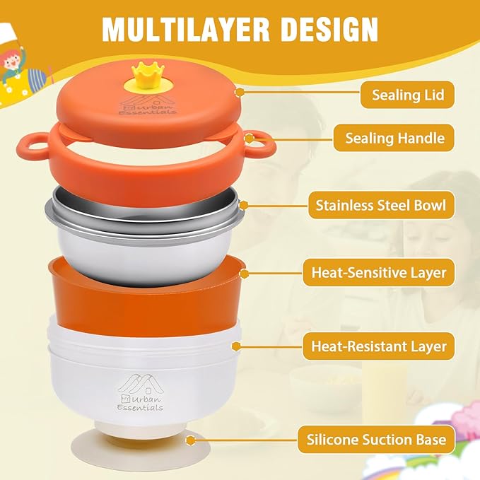 Baby Bowl with Suction, BPA-Free, Premium Food Grade 304 Stainless Steel, Thermo-Color Changing, Foldable Spoon & Fork, Non-Slip Handles for Babies, Toddlers, Kids (Orange)