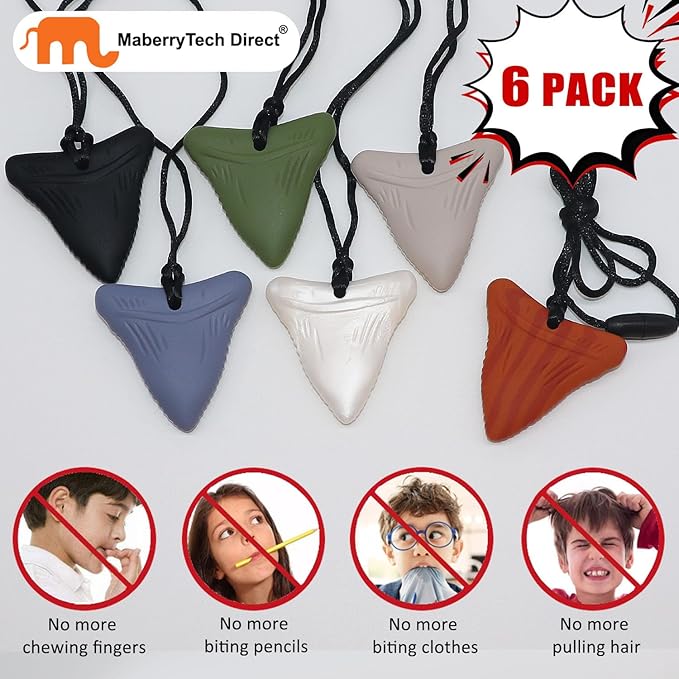 Chewy Necklace Sensory for Kids and Adults, Shark Tooth Silicone Autism Chew Toys Sensory for Boys Girls with ADHD, Anxiety, SPD, 6 Pack Chewing Necklace - BPA Free
