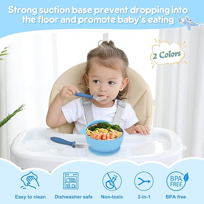 2 Pack Stainless Steel Baby Bowls with Removable Non-Slip Silicone Suction Shell, Anti Scald Food Container for Baby Food Feeding, Forks + Spoons Included -Blue & Green