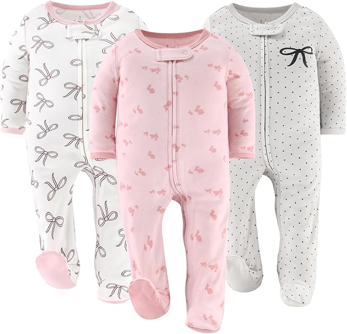The Peanutshell Baby Sleepers for Girls Set of 3 - Soft Cotton Footed Pajamas for Newborns & Infants - Pink Balletcore