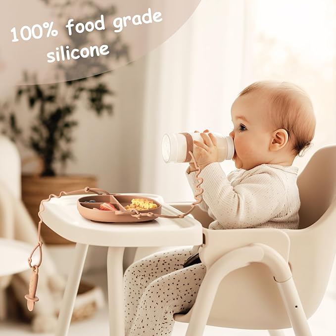 Baby Plates with Suction Silicone Baby Spoons Divided Baby Plates Silicone Baby Safety Toy Straps Baby Bottle Bungees Baby Feeding Set All-in-one-Sage