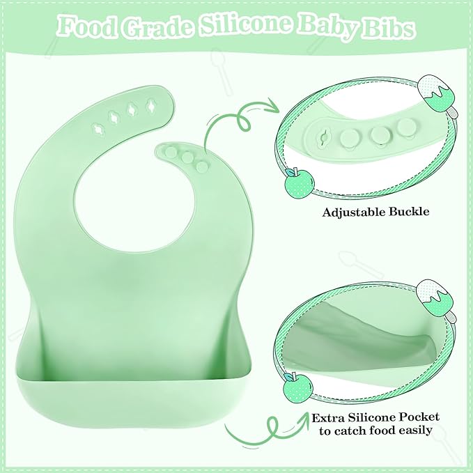 BXLL 10 Pcs Green Silicone Baby Feeding Set - Baby Led Weaning Supplies with Suction Bowl, Divided Plate, Bibs, Fruit Feeder, Pacifier, Spoons, Forks, Sippy Cup & Snack Cup