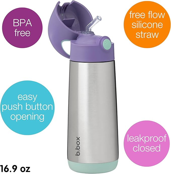 b.box 16.9 oz Insulated Water Bottle - Keeps Drinks Cold 15 Hours, Warm 8 Hours, Triple Wall Stainless Steel Kids Water Bottle w/Free Flow Silicone Straw, Leakproof & Dishwasher Safe