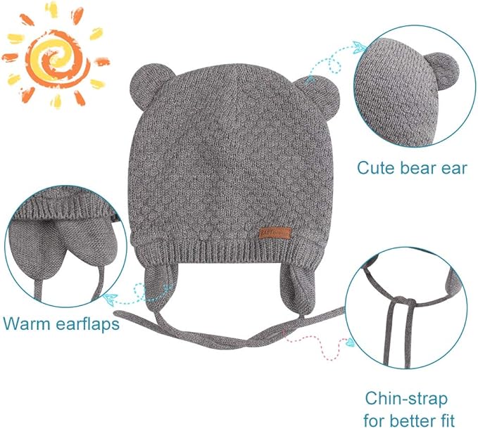 BAVST Baby Beanie Hat for Winter with Earfalp Cute Bear Kids Toddler Girls Boys Warm Knit Cap 0-2Years