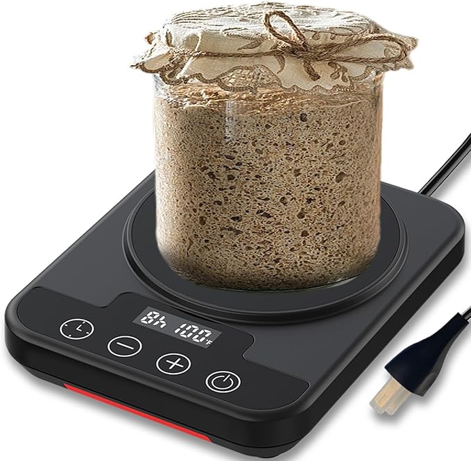 Sourdough Starter Warmer Mat, 12H Timer Warming Heating Pad, Precise 1°F Thermostat Control (70-100°F), Smart Memory Warming On/Off, Fits Jars Up to 40oz, Perfect for Home Baking (Black)