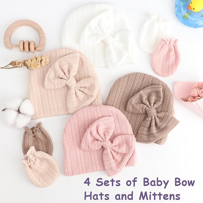 BQUBO Newborn Baby Hats Mittens Set Hospital Hat Beanie Infant Bow Hats Baby Gloves No Scratch Mittens for 0-6 Months