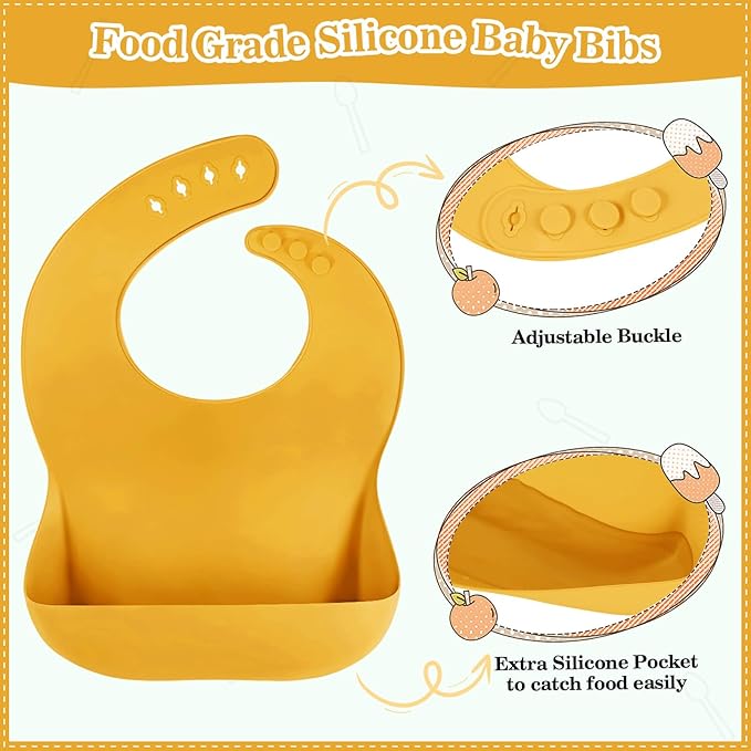 Silicone Baby Feeding Set 10 Pcs Baby Led Weaning Supplies Suction Bowl Divided Plate Baby Bibs Fruit feeder Pacifier Baby Spoons Forks Sippy Cup Utensil Sets Baby Essentials for Newborn Gift Yellow