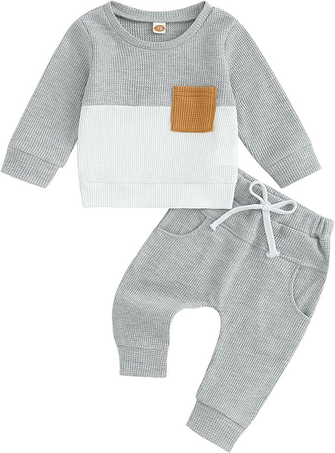 Toddler Baby Boy Fall Clothes Waffle Contrast Color Sweatshirt Pants Sets Infant Winter Outfits 6 12 18 24 Months