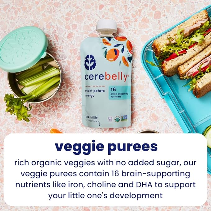 Cerebelly Organic Baby Food Pouches, Sweet Potato Mango Purees, 16 Nutrients, No Added Sugar, Fiber & Non-GMO, 4oz, 12 Pack