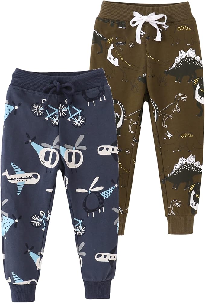 HUAER& Baby Boy's Jogger Pants Dinosaur Car Animal Print Drawstring Elastic Sweatpants 2-Pack
